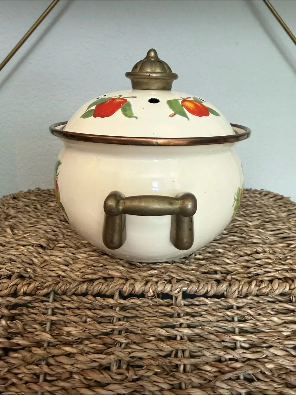 Vintage Fruit Enamel Stovetop Simmer Pot Brass Handles